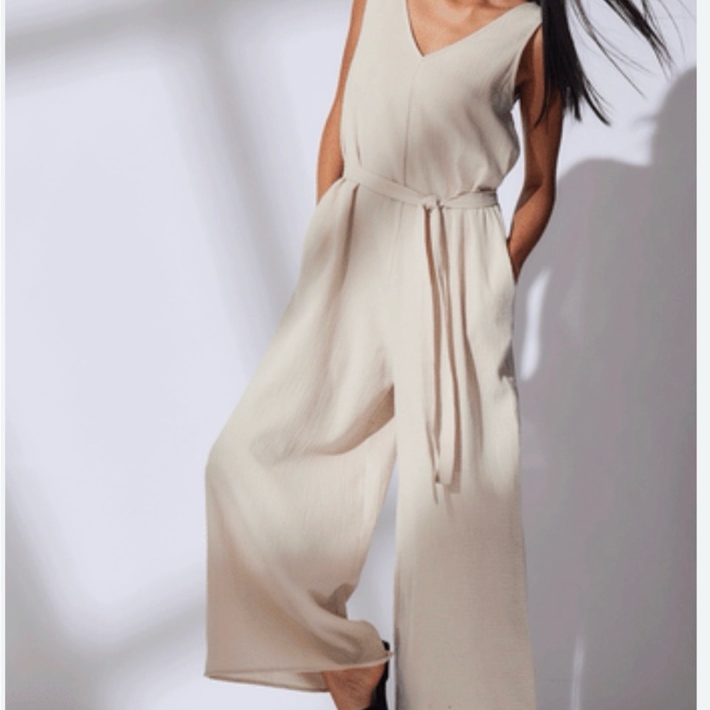 Natori Onsen Cream Sleeveless V~Neck Wide Leg Textured Cotton Jumpsuit Sz XL~NWT